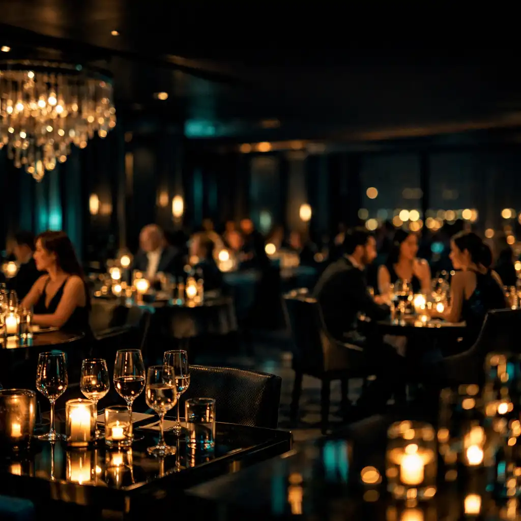 Luksusowe wnętrze restauracji nocą