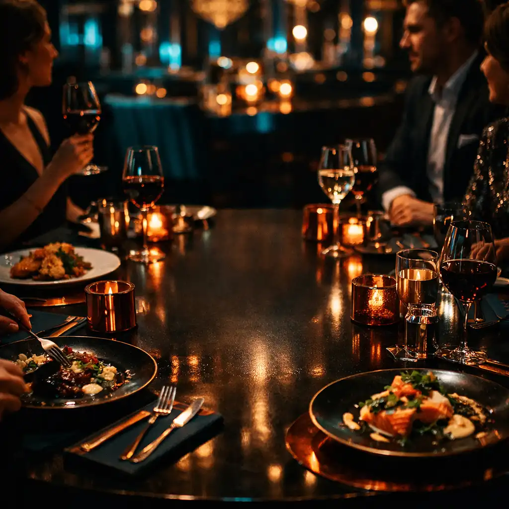 Luksusowe wnętrze restauracji z gośćmi przy stole